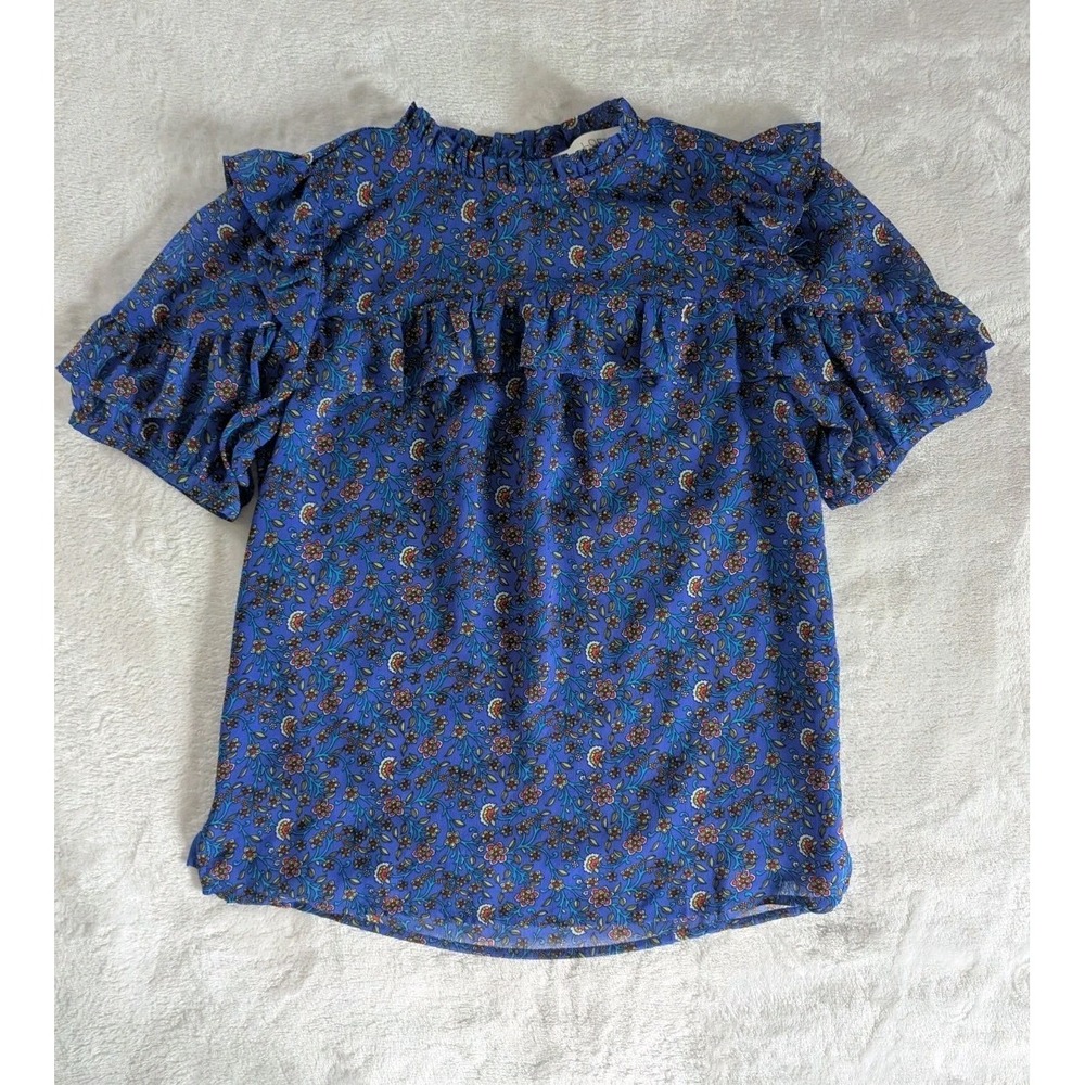 LOFT Blouse Blue Floral Ruffle Mock Neck Short Sleeve XSP Cottagecore Romantic